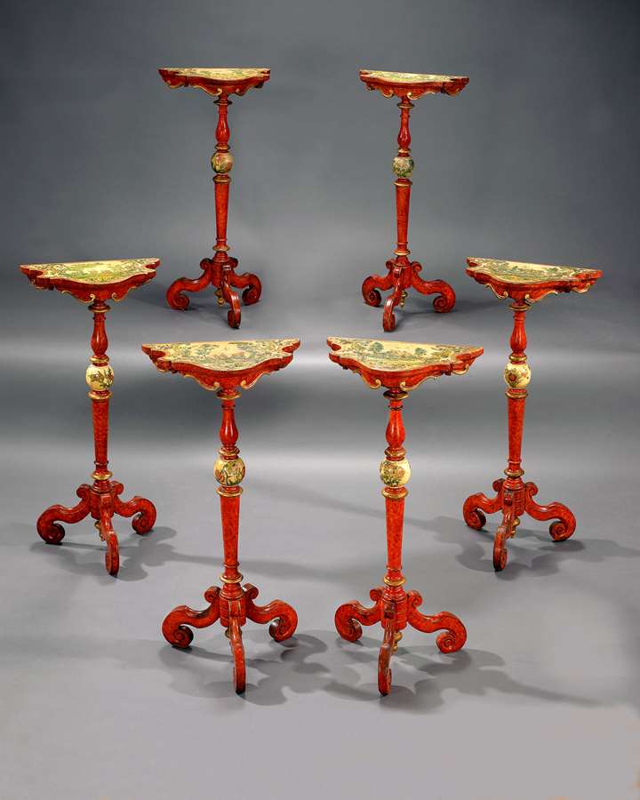 An Exceptional Set of Six Venetian Lacca Povera and marbled Lacquer Trespoli